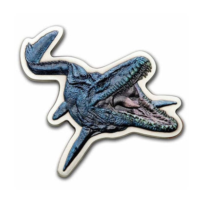 2022 Niue 2 oz Silver Jurassic World Mosasaurus Shaped Coin with an antiqued finish and special packaging.