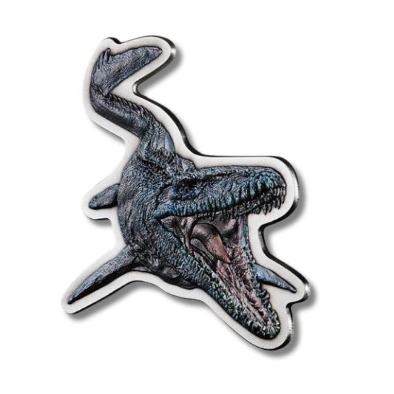 2022 Niue 2 oz Silver Jurassic World Mosasaurus Shaped Coin with an antiqued finish and special packaging.