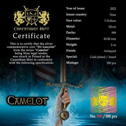 2022 Niue Camelot Sir Lancelot 2oz Silver Antiqued High Relief Coin