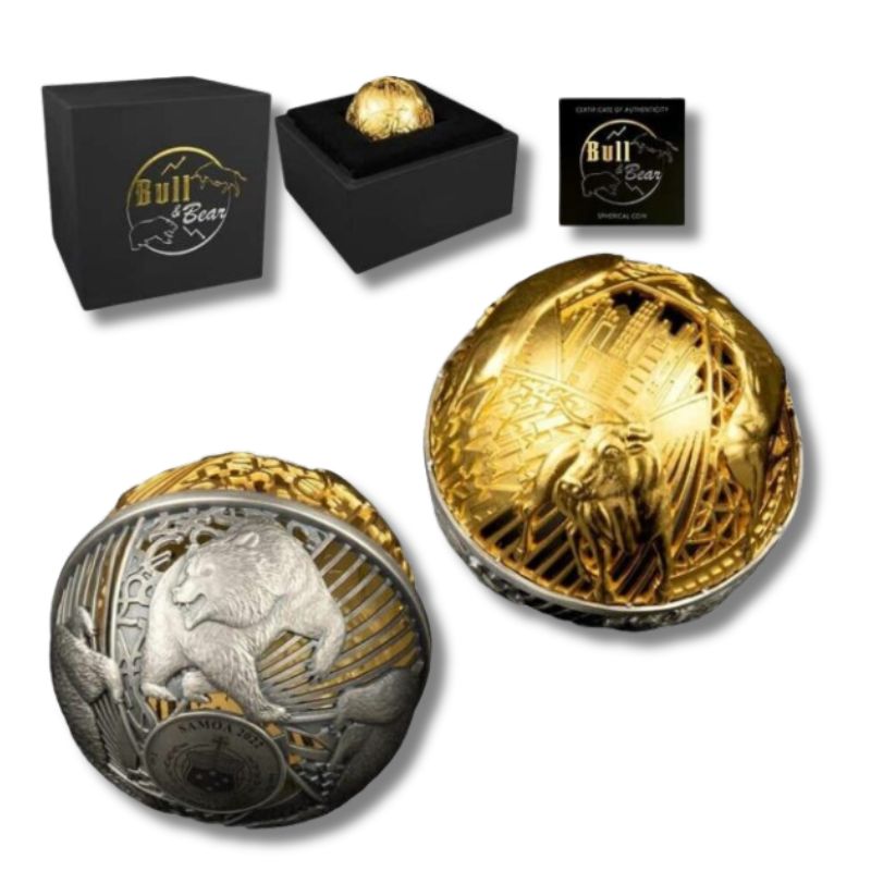 2022 Samoa Bull and Bear 2oz Silver Antiqued Spherical Coin