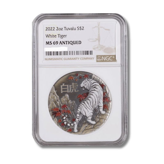 2022 Tuvalu White Tiger 2oz Silver Antiqued Colored Coin NGC MS 69