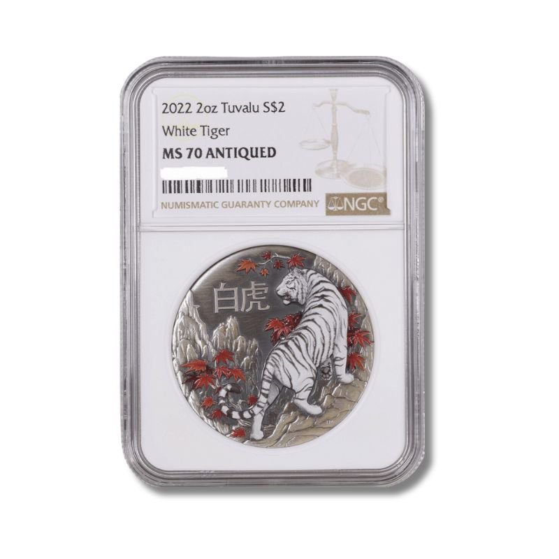 2022 Tuvalu White Tiger 2oz Silver Antiqued Colored Coin NGC MS 70