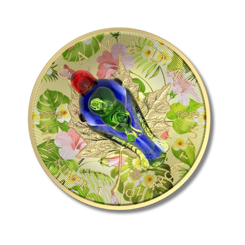 2022 $5 Murano Parrot 1 oz Silver Coin with Murano glass design.