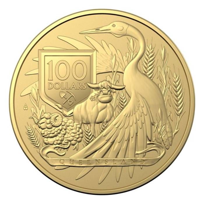 2023 1 oz Australia Coat of Arms Queensland .9999 Gold BU Coin Captain’s Chest Bullion