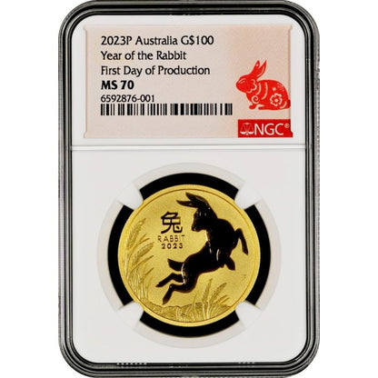 2023 1 oz Australia Lunar Series III  Year of the Rabbit .9999 Gold BU Coin (NGC MS70 First Day of Production) Captain’s Chest Bullion