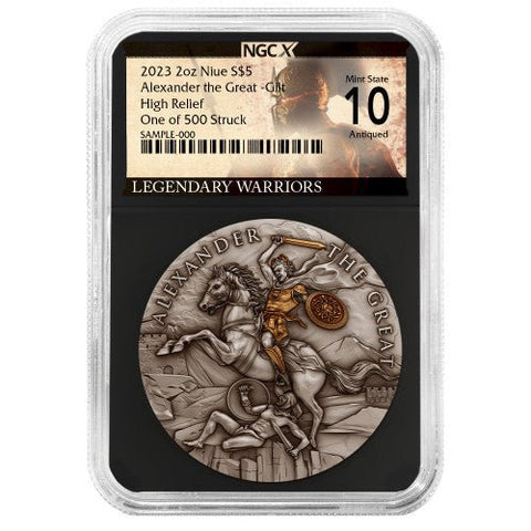 2023 $5 Niue Alexander the Great 2 oz High Relief Silver Antiqued and Gold Gilded NGCX MS10 Legendary Warriors Label