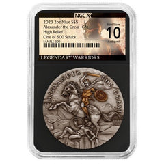 2023 5 niue alexander the great 2 oz high relief silver antiqued and gold gilded ngcx ms10 legendary warriors label
