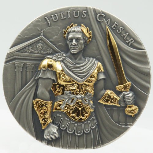 2023 5USD Niue Julius Caesar 2 oz High Relief Silver Antiqued and Gold Gilded NGCX MS10 Legendary Warriors Label Captain’s Chest Bullion