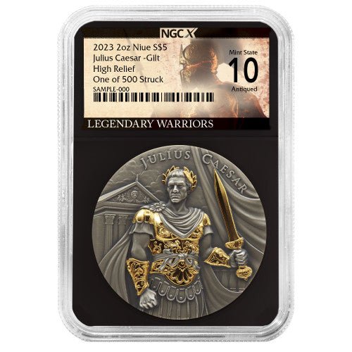 2023 5USD Niue Julius Caesar 2 oz High Relief Silver Antiqued and Gold Gilded NGCX MS10 Legendary Warriors Label Captain’s Chest Bullion