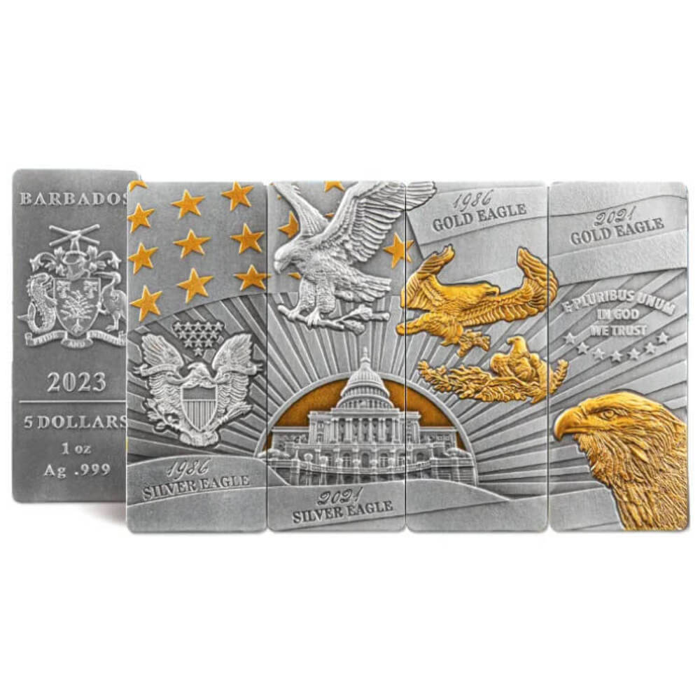 2023 Barbados American Eagle 4 BY 1 oz ingot Silver Bar Coin Set - 500 Mintage Captain’s Chest Bullion