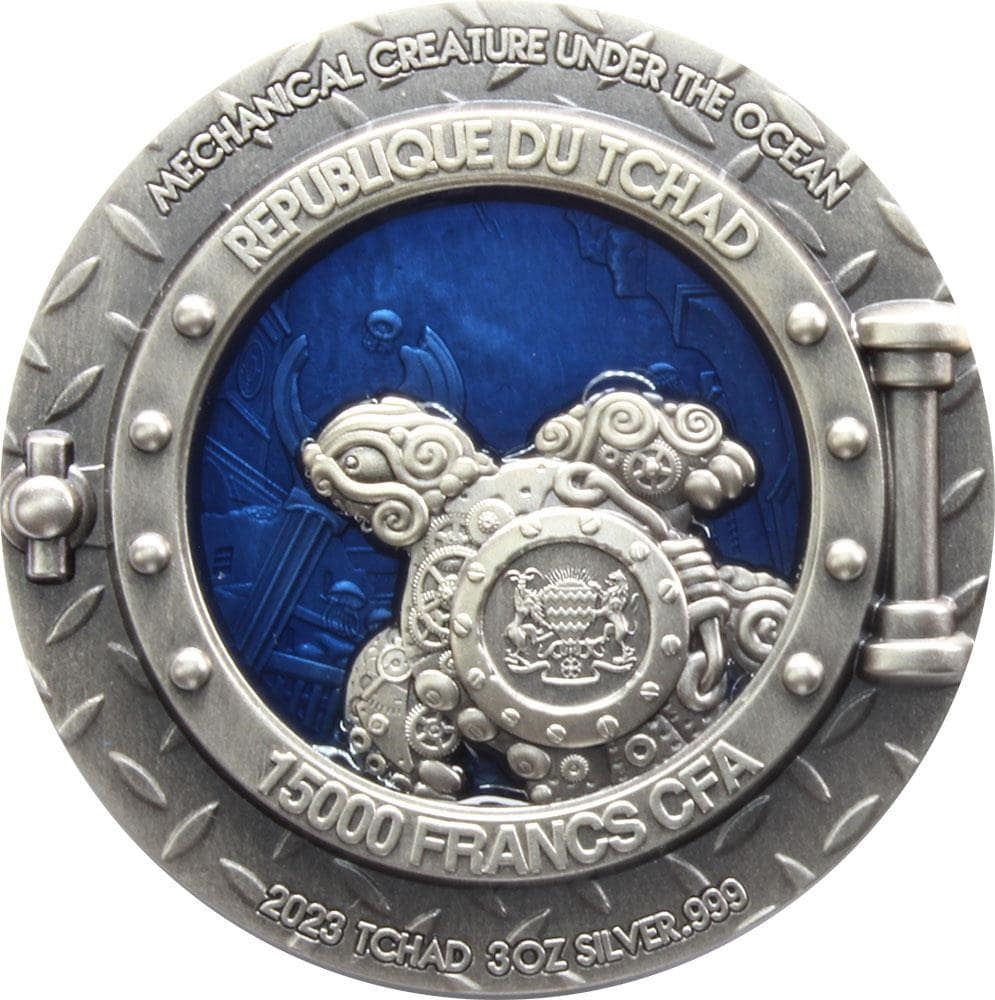 2023 Chad Mechanical Creature Under the Ocean 3 oz Silver Antiqued Coin