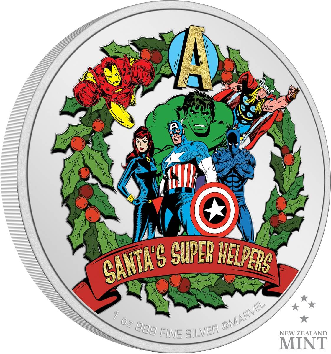 2023 Niue Marvel Season’s Greetings Santa’s Super Helpers 1oz Silver Coin Captain’s Chest Bullion