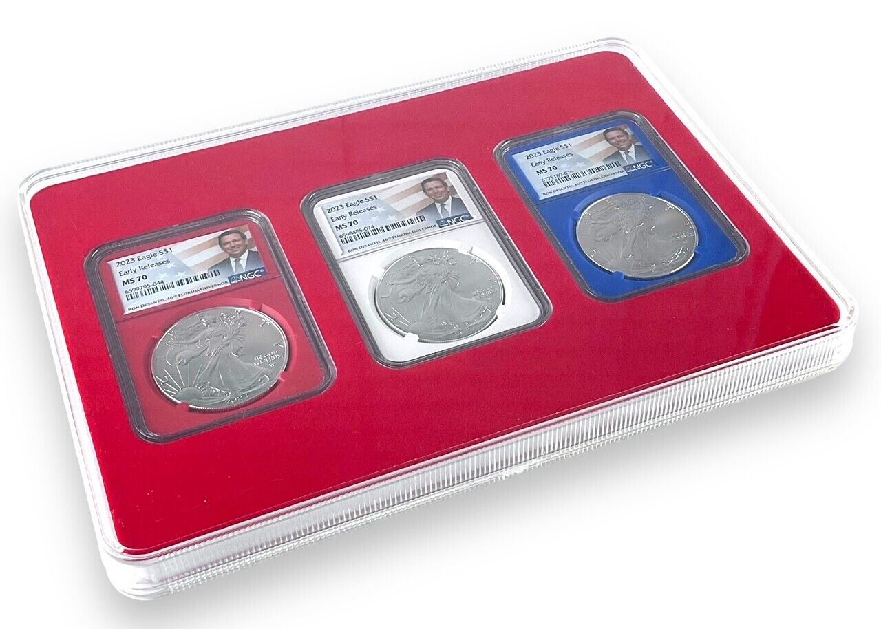 2023 Silver Eagle Red White Blue 3 Coin Set NGC MS70 ER DeSantis Label w/Case Captain’s Chest Bullion