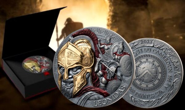 2023  The Great Commanders Leonidas 5oz Antiqued With Gold Gilt Captain’s Chest Bullion