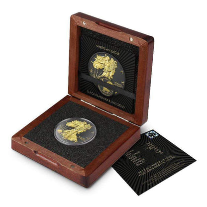 2023 US Mint Silver Eagle Black Platinum Gilded with Yellow Gold hilights 1 oz .999 fine Silver Coin (Only 500 Minted) *Comes in wood box w/ COA Captain’s Chest Bullion