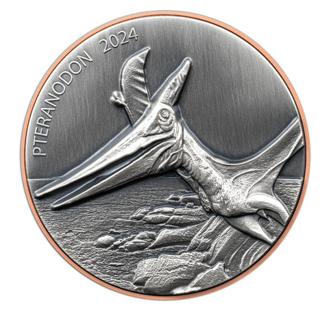 2023 Vanuatu Giant Pteranodon Antique Finish Silver Coin w/Copper 145g & 10g Silver Box & COA