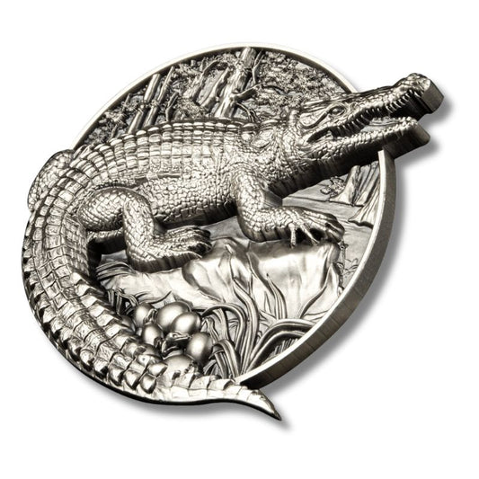 2023 Burundi Protecting Wildlife Crocodile 5oz Silver Antique Coin in display box with Certificate of Authenticity
