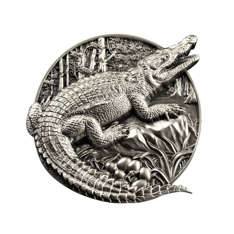 2023 Burundi Protecting Wildlife Crocodile 5oz Silver Antique Coin in display box with Certificate of Authenticity