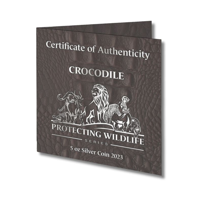 2023 Burundi Protecting Wildlife Crocodile 5oz Silver Antique Coin in display box with Certificate of Authenticity