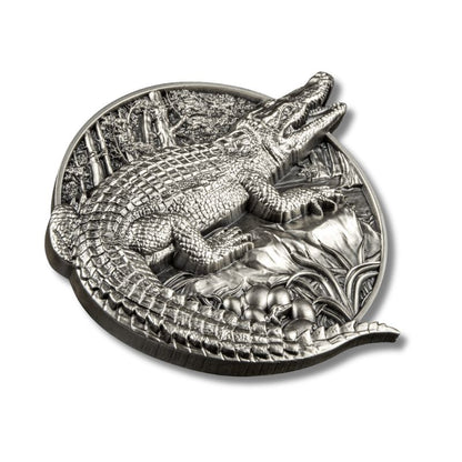 2023 Burundi Protecting Wildlife Crocodile 5oz Silver Antique Coin in display box with Certificate of Authenticity