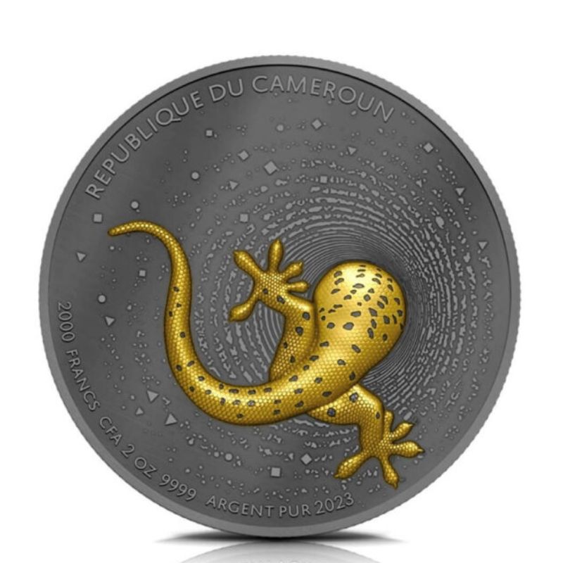 2023 Cameroon Gecko 2oz Silver Ultra High Relief Dark Gilded Coin