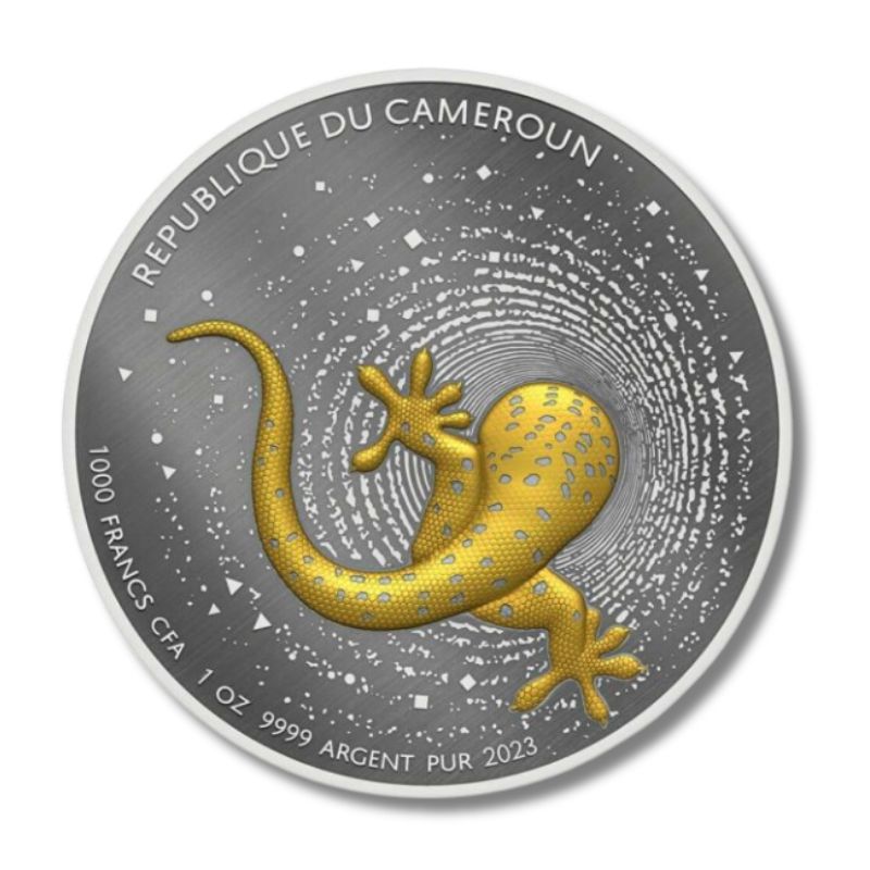 2023 Cameroon Herpeton Gecko 1 oz Silver Ultra High Relief Dark Gilded Coin