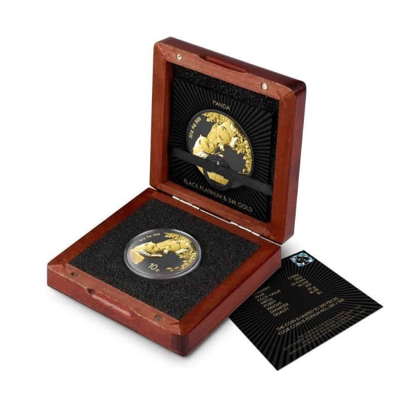 2023 China Panda Black Platinum and 24k Gold 30 Gram Silver Ennobled Coin