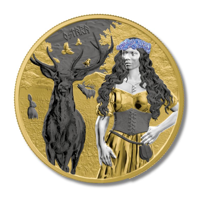 2023 Germania Valkyries Ostara Valhalla 1oz Silver Coin with detailed depiction of Ostara and Valhalla, including hologram and multimetal plating.