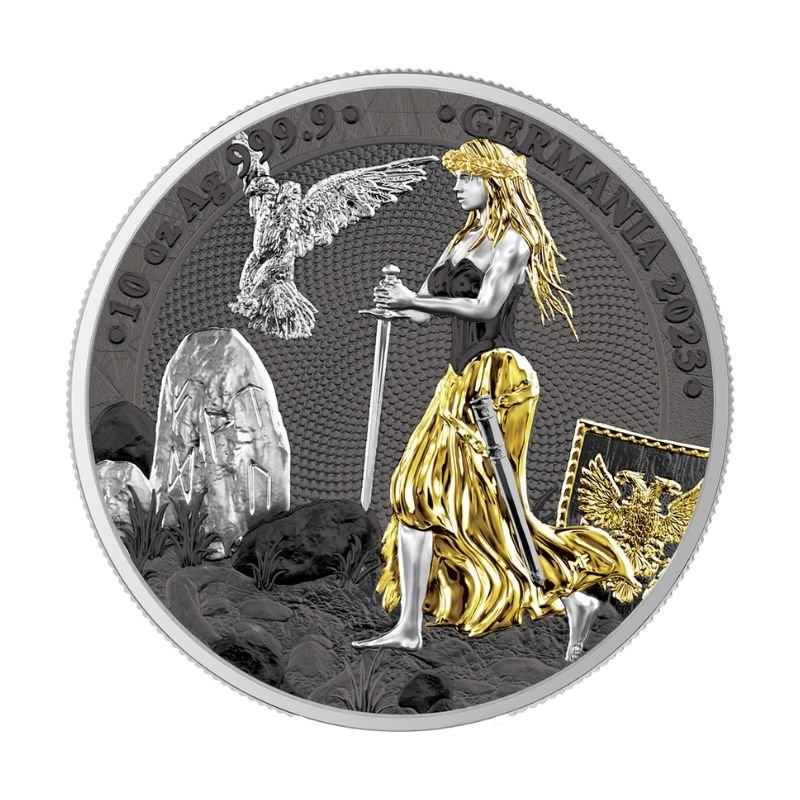 2023 Germania World’s Fair of Money 10oz Silver BU Ennobled ANA Edition Coin with gold gilding, black ruthenium coating, and palladium accents.