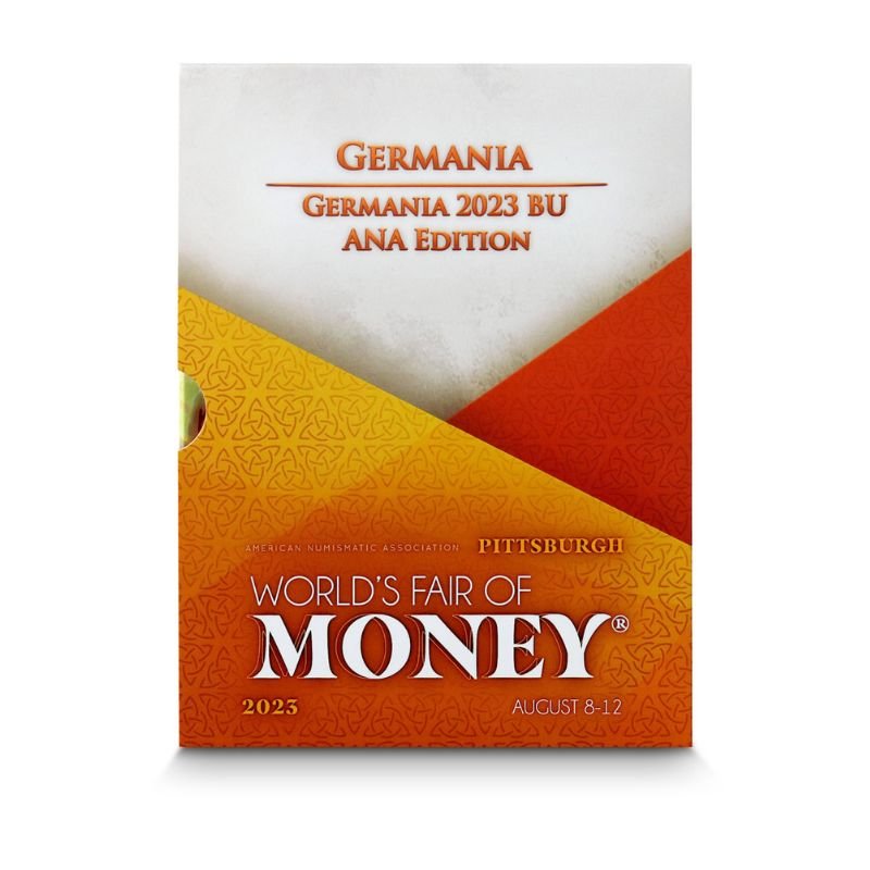 2023 Germania World’s Fair of Money 10oz Silver BU Ennobled ANA Edition Coin with gold gilding, black ruthenium coating, and palladium accents.