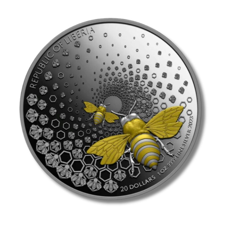 2023 Liberia Entoma Bee 1 oz Silver Ultra High Relief Dark Gilded Coin