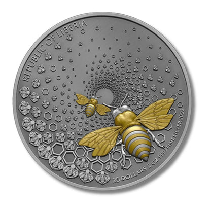 2023 Liberia Entoma Bee 2oz Silver Ultra High Relief Dark Gilded Coin