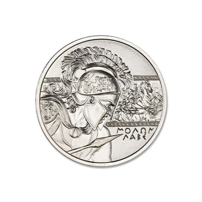 2023 Molon Labe 1 Troy Ounce 39mm Silver Round featuring a detailed depiction of a Spartan warrior and iconic Molon Labe imagery.