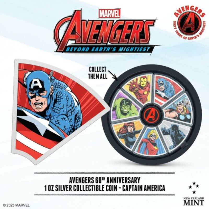2023 Niue Marvel Avengers 60th Ann. Captain America 1oz Silver Colorized Proof Coin