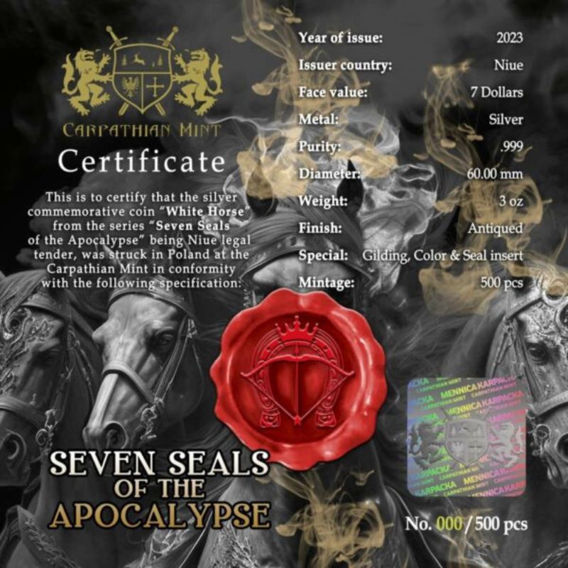 2023 Niue Seven Seals of the Apocalypse White Horse 3oz Silver Antiqued Coin