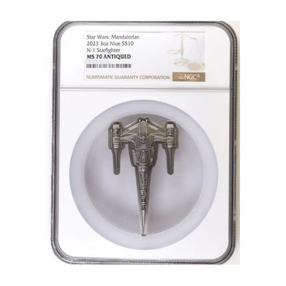 2023 Niue Star Wars Mandalorian N-1 Starfighter 3oz Silver MS 70 Antiqued