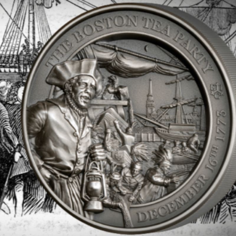 2023 St. Helena Boston Tea Party 250th Anniversary 2oz Silver Antiqued Coin