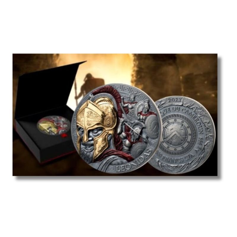 2023 The Great Commanders Leonidas 5oz Antiqued Silver Coin featuring gold gilding and high reliefs.