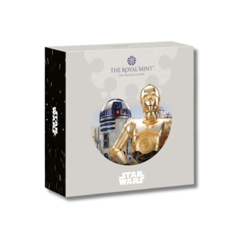 2023 United Kingdom Star Wars C-3PO & R2-D2 5oz Silver Proof Coin in themed display case with Certificate of Authenticity