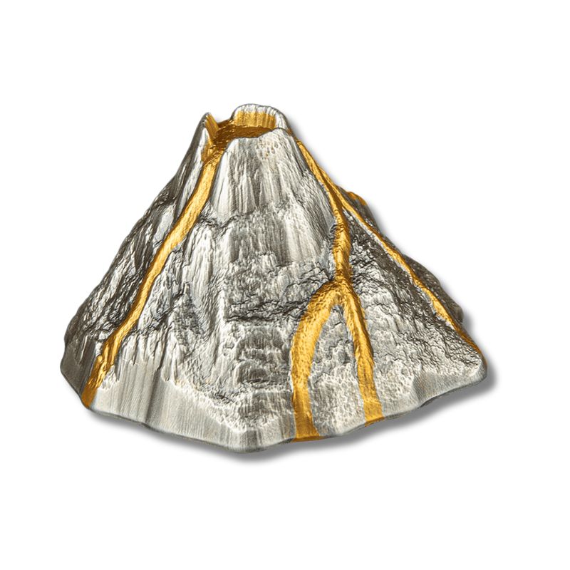 2023 Vanuatu Volcano 5oz Silver Antiqued 3D Shaped Coin in display box with Certificate of Authenticity