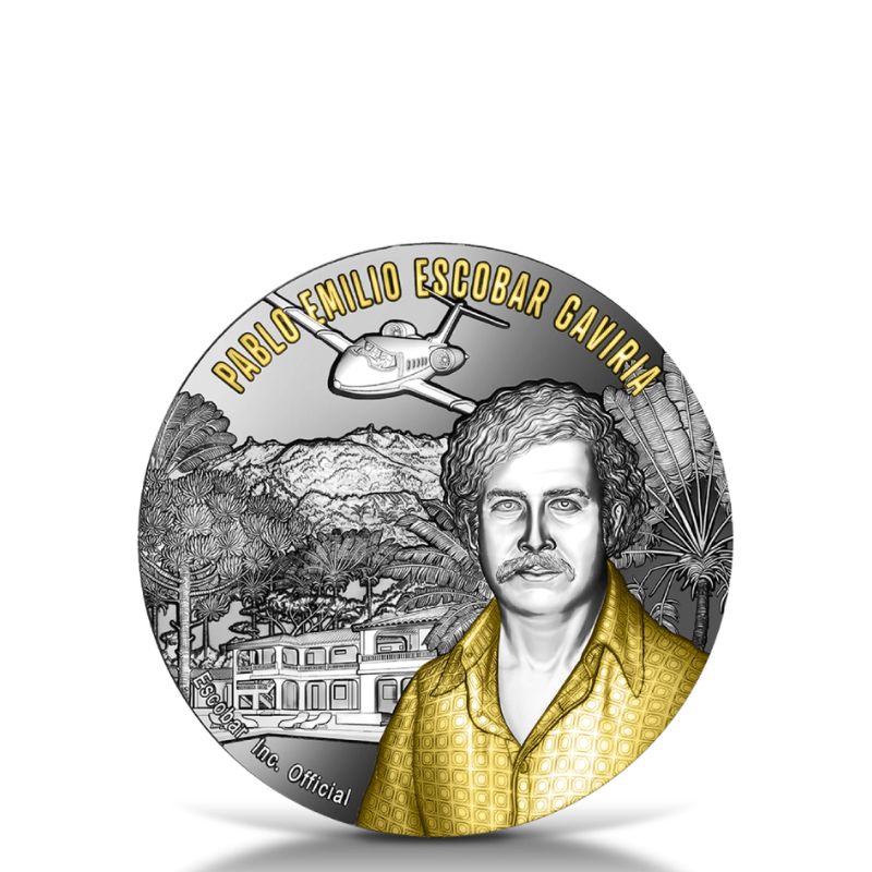 2023 World Money Fair Pablo Escobar 30th Ann. 2 oz Silver Gilded Coin