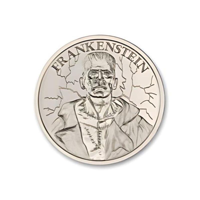 2023 Intaglio Frankenstein Vintage Horror Series 1 Troy Ounce Silver Round featuring a detailed depiction of Frankenstein's monster in a classic theatrical pose.