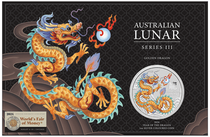 2024 Australia ANA Lunar Golden Dragon 1oz Silver Colorized Coin in Card