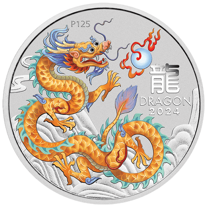 2024 Australia ANA Lunar Golden Dragon 1oz Silver Colorized Coin in Card