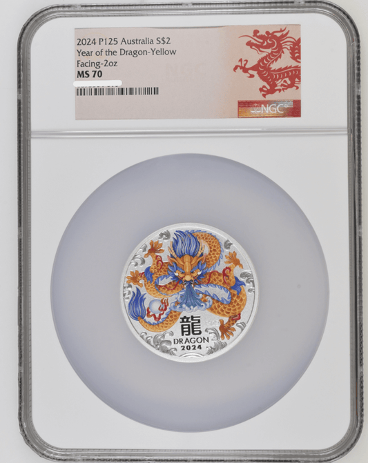 2024 Australia Lunar Series Year of the Dragon 2oz Silver Yellow Coin NGC MS 70
