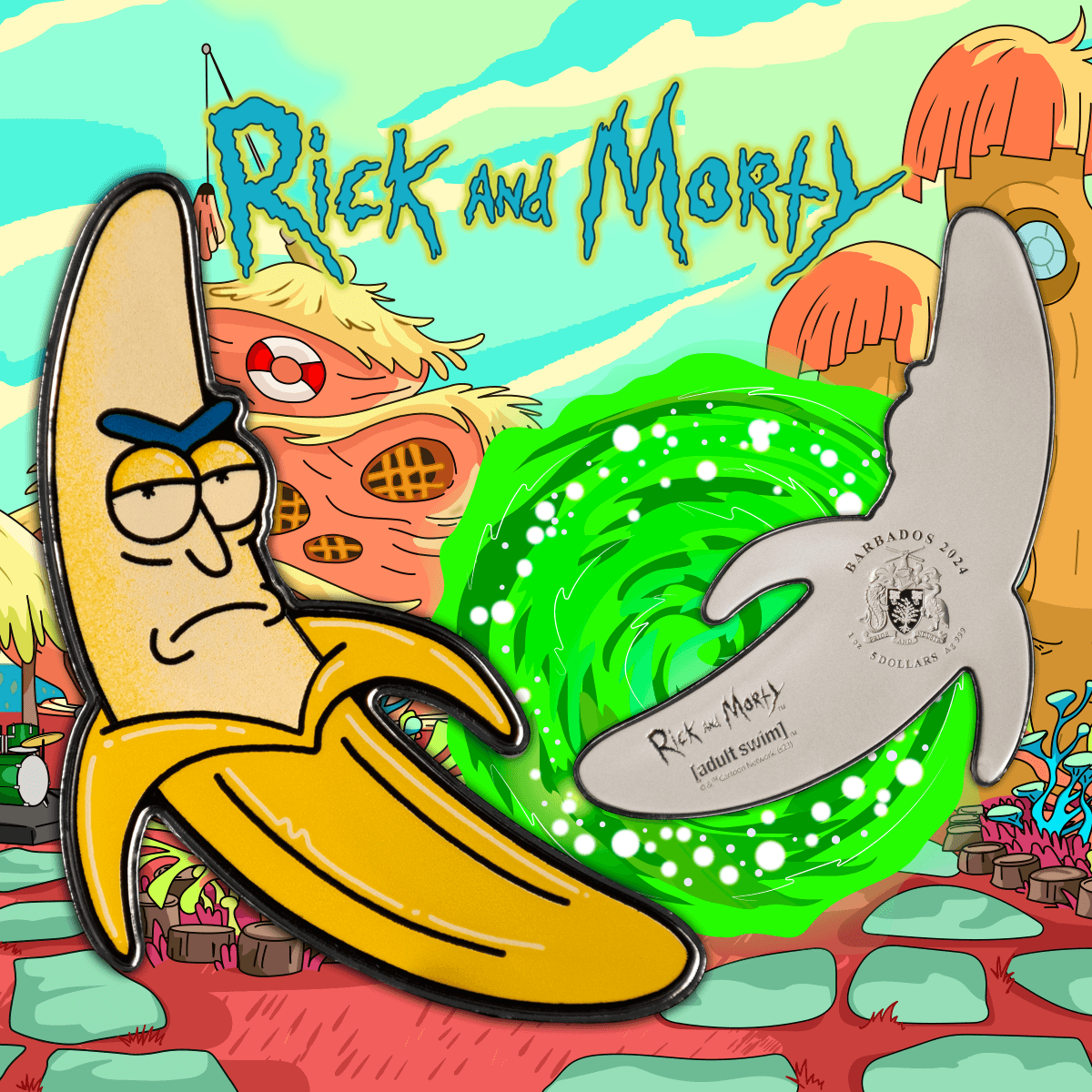 2024 Barbados Adult Swim Rick and Morty Banana Rick 1 oz Silver Colorized Coin Presale