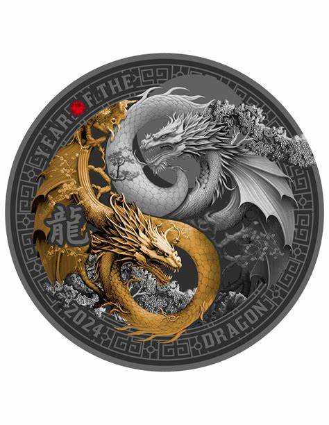 2024 Cameroon Silver Year of the Dragon Colorized Ruthenium Proof Captain’s Chest Bullion