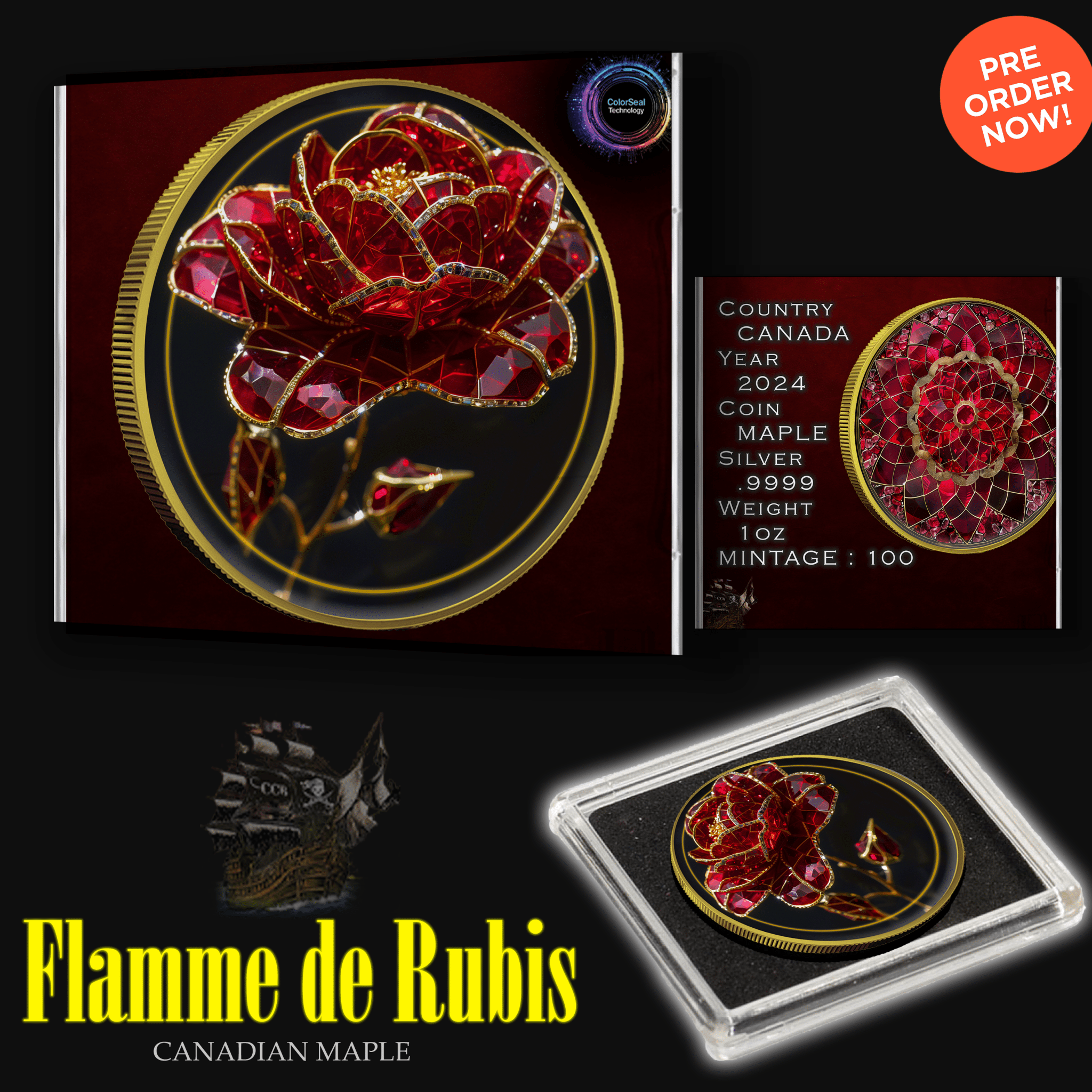 2024 Canada Maple Flamme de Ruis .9999 Silver 1oz Colorized Coin - Captain’s Chest Bullion