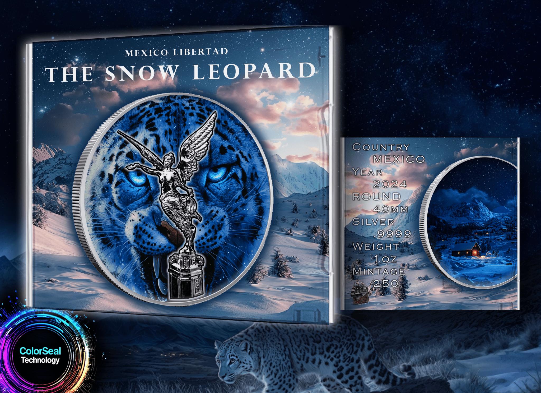 2024 Mexico Libertad Reclusive Snow Leopard 1oz .999 Silver Colorized Coin - Captain’s Chest Bullion