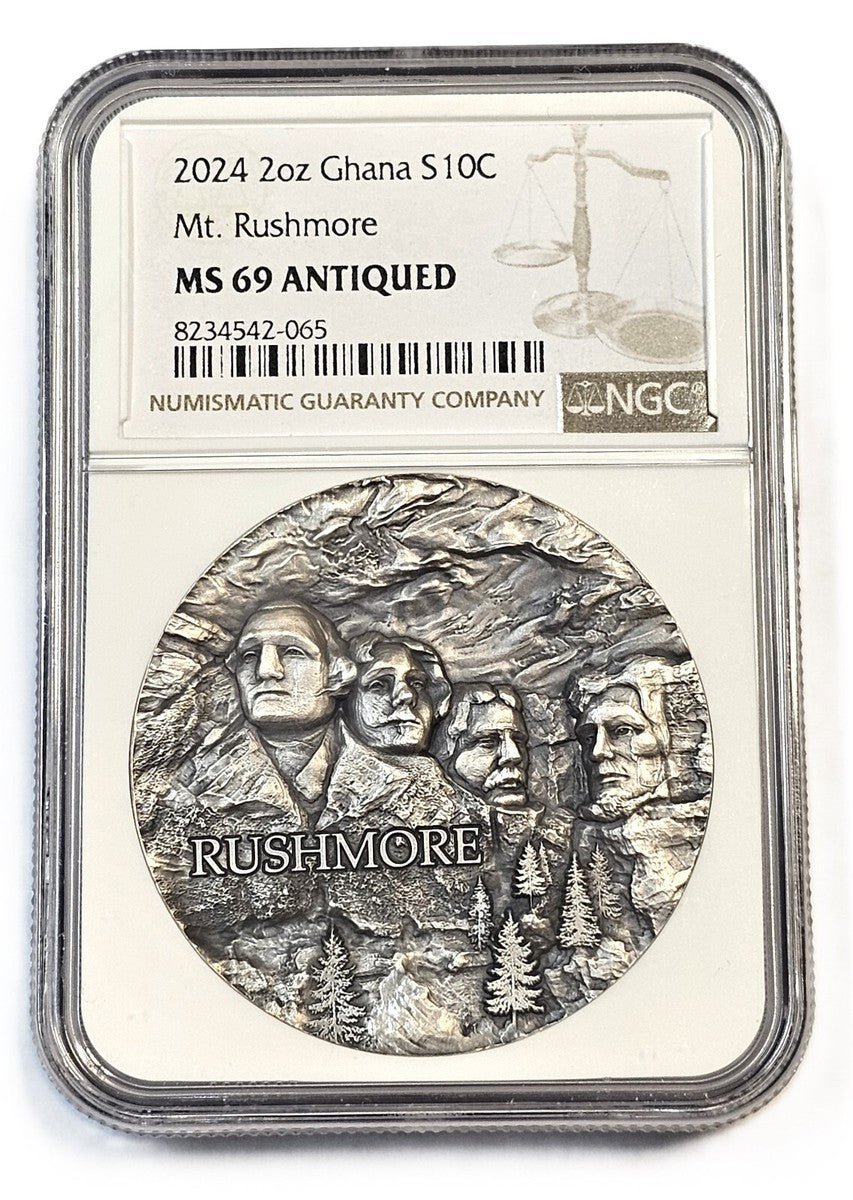 2024 Ms69 Antiqued 2oz Rock - Cut Monuments: Mt. Rushmore - Captain’s Chest Bullion